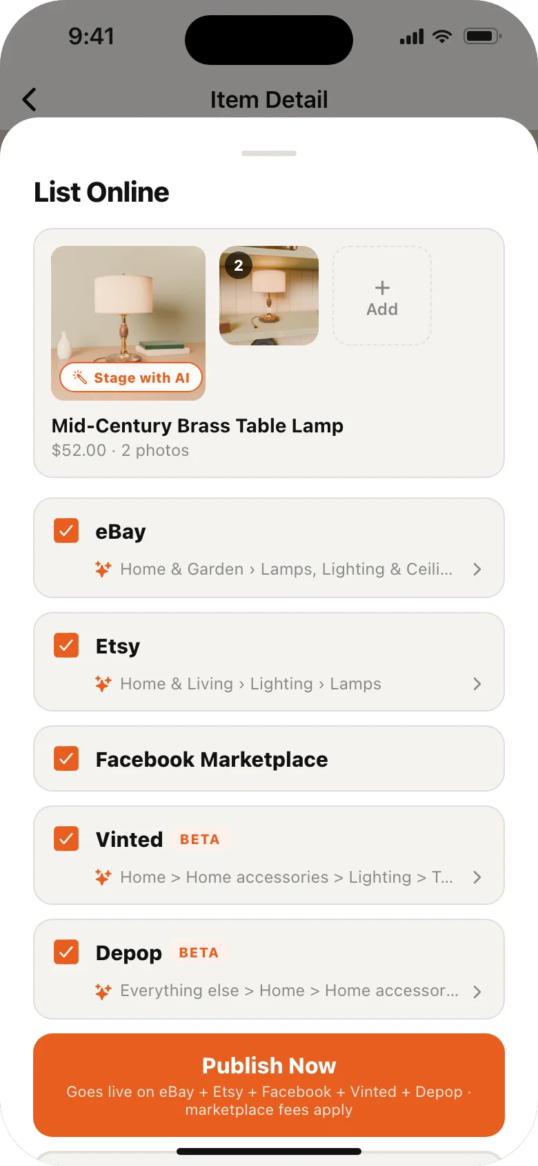 List Online in the VendorSnap app: eBay, Etsy, Facebook Marketplace, Vinted and Depop ticked, each with its suggested category