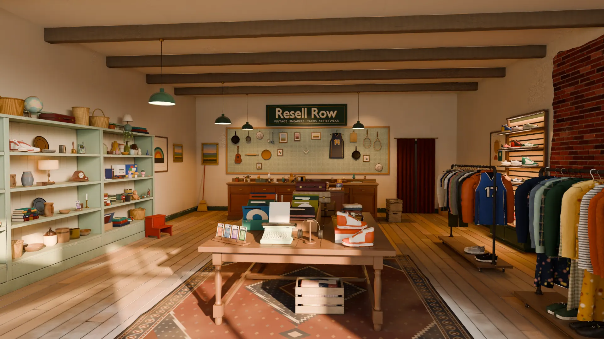 Inside a resale shop called Resell Row: racks of clothes, shelves of finds and a table at the center