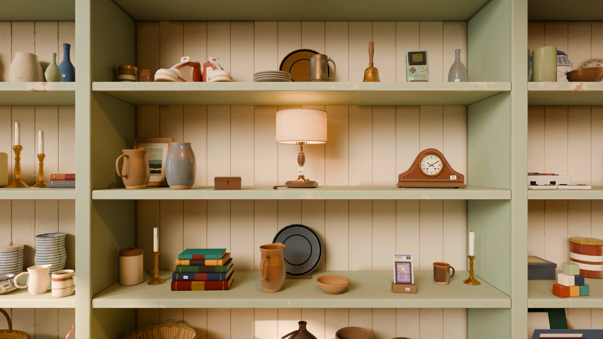 A shop's shelves of vintage finds: a lamp, a mantel clock, sneakers, a graded card and a handheld game