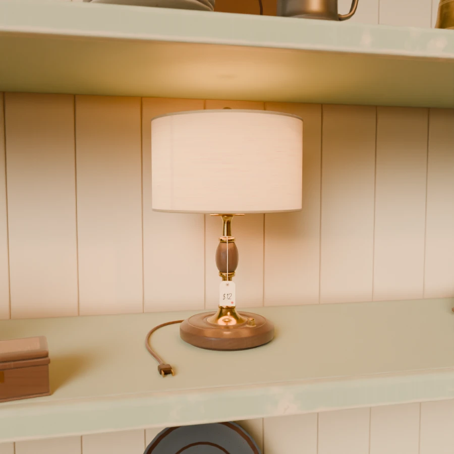 The brass lamp photographed on the shelf, the way the camera sees it